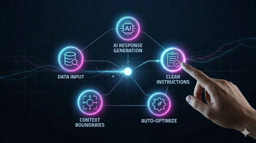 Infographic visualization of an AI prompt processing loop using interconnected glowing icons for Data Input, Response Generation, and Clear Instructio
