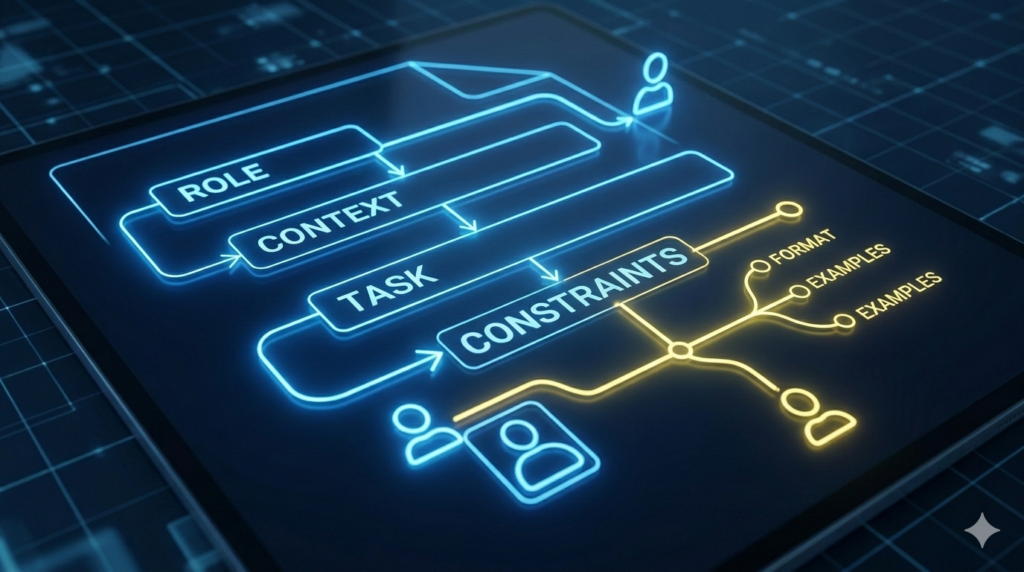 Futuristic blueprint visualization mapping out a complex document structure with labeled sections for Role, Context, Task, Constraints, Format, and Examples.