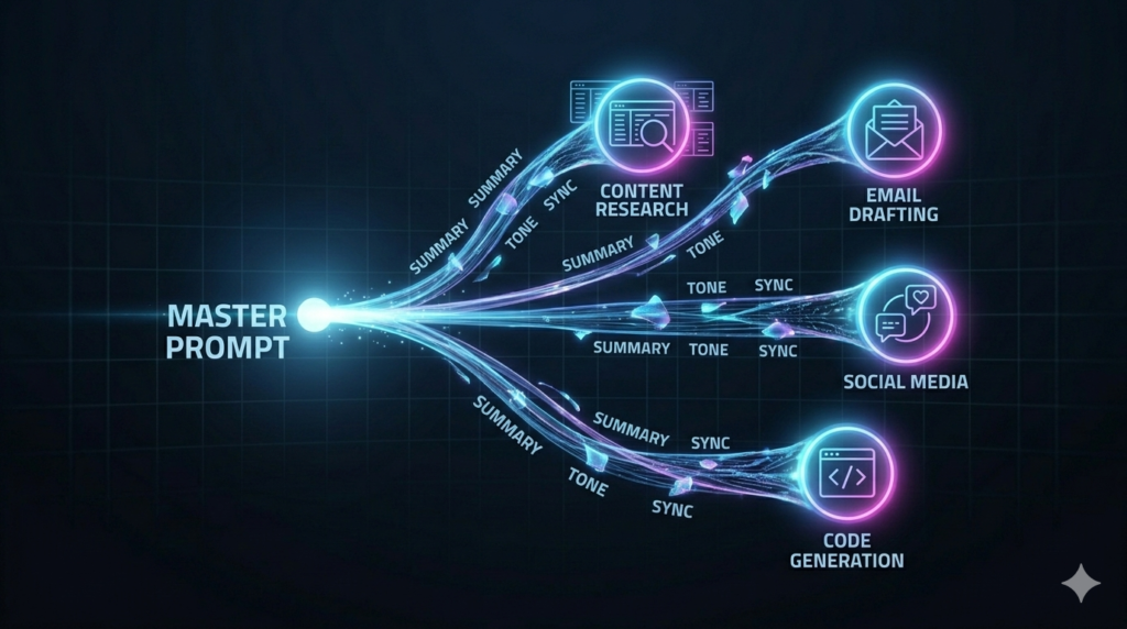 A futuristic visual diagram on a dark digital workspace showing a single central 'MASTER PROMPT' beam splitting into four streams: Content Research, Email Drafting, Social Media, and Code Generation.