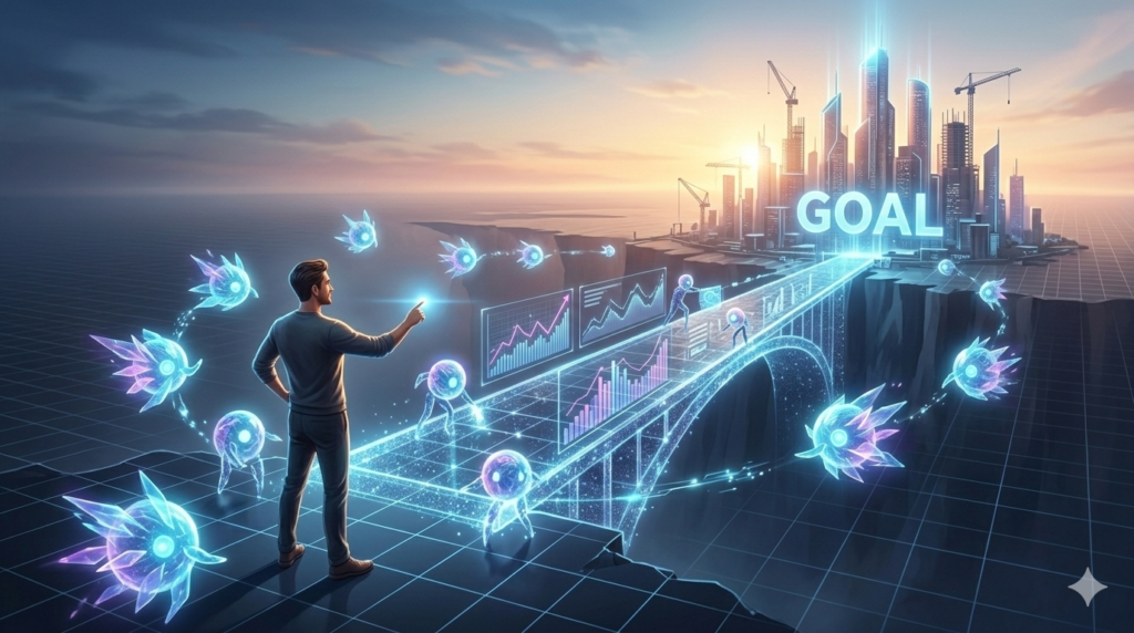 Confident human figure orchestrating a swarm of glowing AI agents that are building a data bridge towards a shimmering goal city.