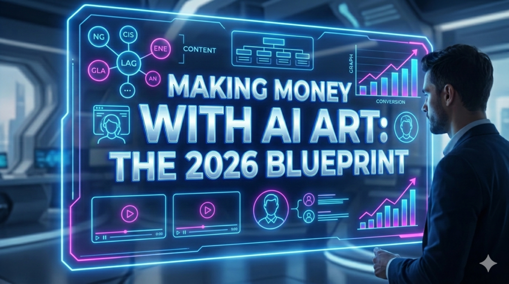 Futuristic digital marketing professional interacting with a holographic interface titled 'MAKING MONEY WITH AI ART: THE 2026 BLUEPRINT'.