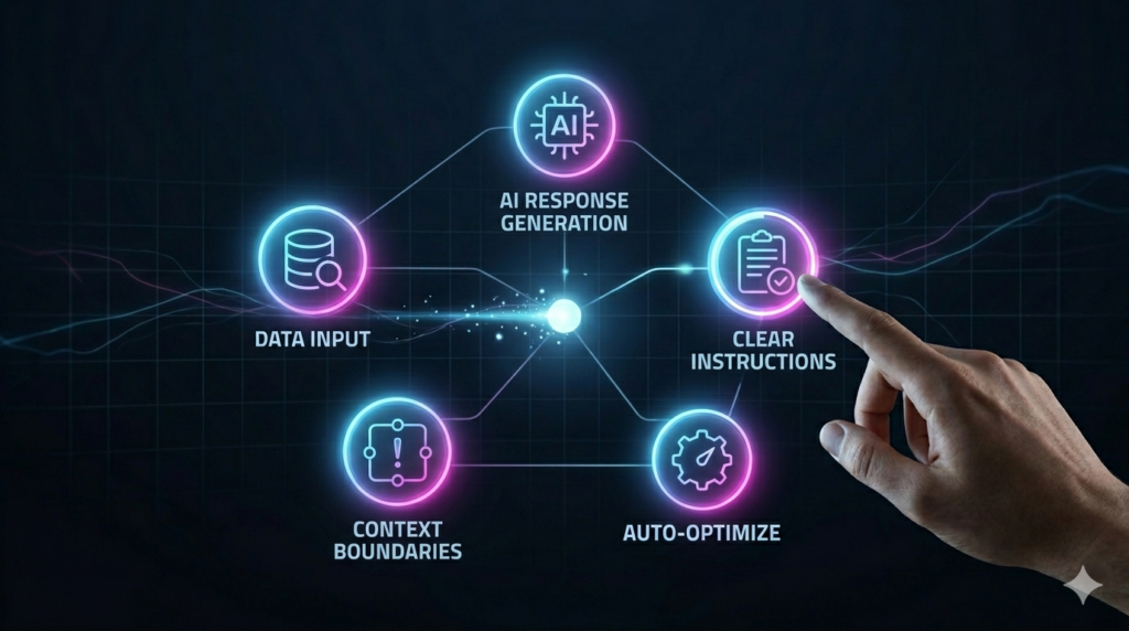 Infographic visualization of a data workflow using interconnected glowing icons for Data Input, Response Generation, and Clear Instructions.