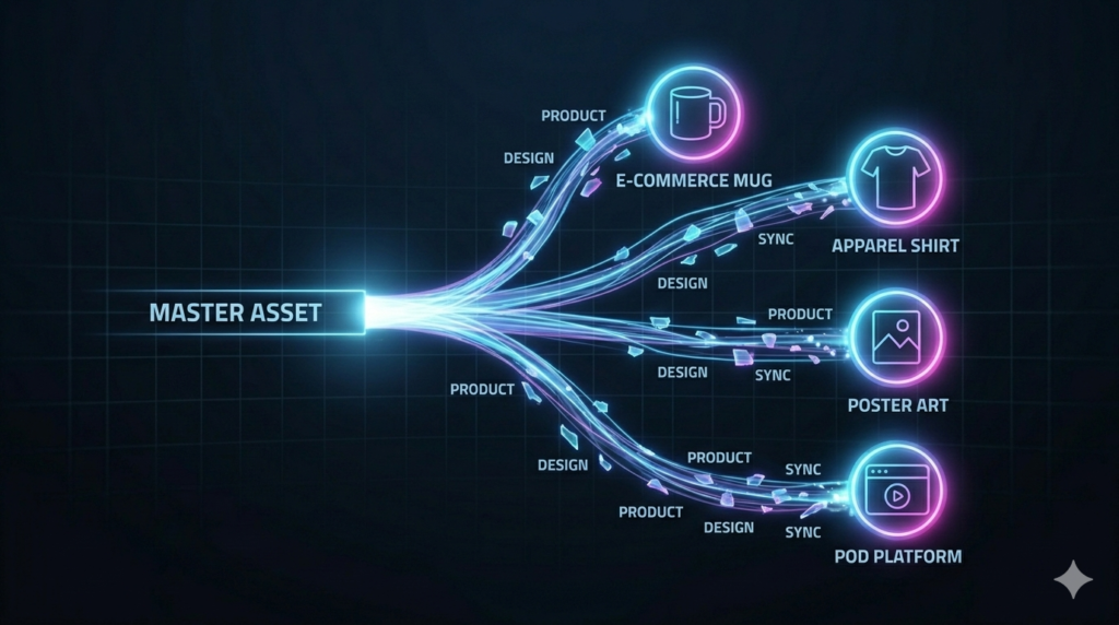 A futuristic visual diagram on a dark digital workspace showing a single central light titled 'MASTER ASSET' splitting into four distinct streams: E-commerce Mugs, Apparel Shirts, Poster Art, and POD Platform.