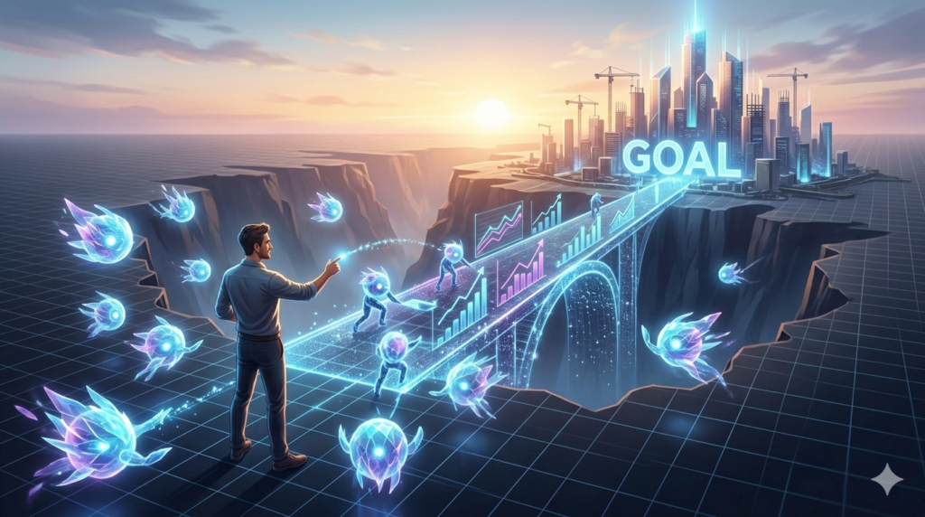 Confident human figure orchestrating a swarm of glowing AI agents that are building a data bridge towards a shimmering goal city.