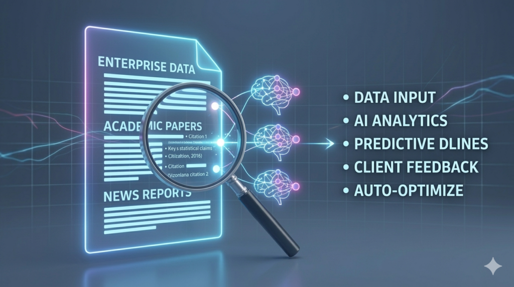 A visualization of an AI research agent analyzing various data sources, similar to the process shown in image_17.png, on a soft dark grid.