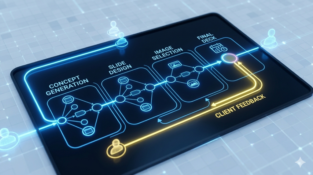 t: A futuristic presentation workflow diagram on a dark screen, showing concept generation and design sections connected by glowing paths, referencing image_17.png's nodes and the adaptive feedback intersection on a soft digital grid similar to image_16.png.