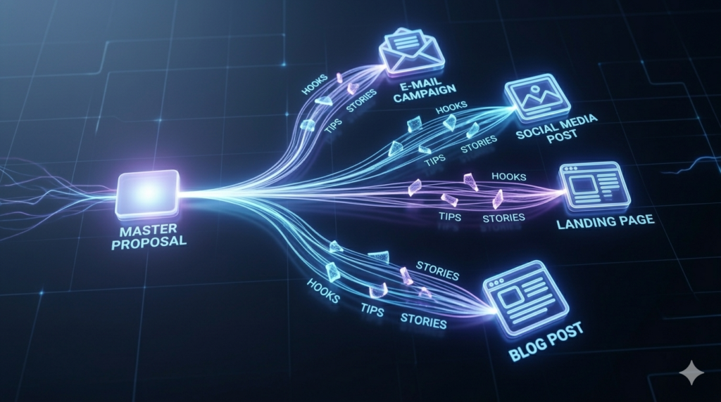 A visual diagram showing a 'MASTER PROPOSAL' splitting into multiple streams like email, social posts, landing pages, and blog posts, carrying fragments for hooks and stories, referencing image_19.png. The style is sophisticated 3D visualization on a dark grid, with cool blue and purple light referencing image_16.png.