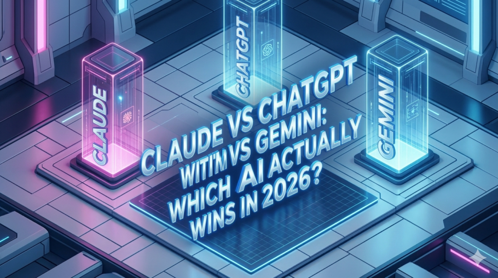 A 3D isometric comparison visualization of Claude, ChatGPT, and Gemini logos integrated into a futuristic digital landscape titled 'Which AI Actually Wins in 2026?