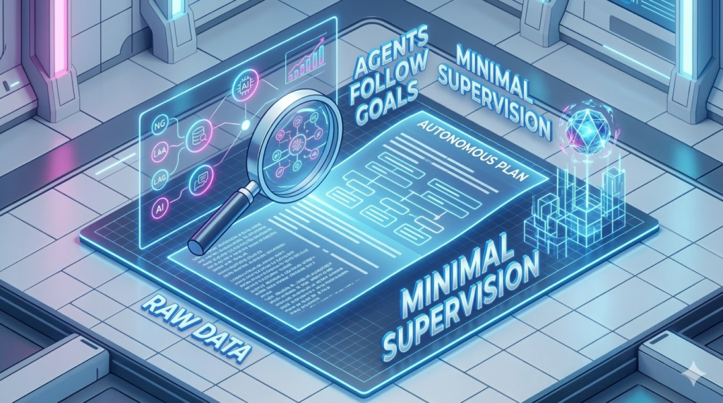 An isometric digital workflow showing autonomous AI agents analyzing raw data and executing complex business plans.