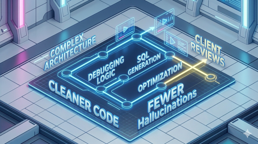 A technical blueprint interface highlighting cleaner code, debugging logic, and optimization metrics in a 3D digital workspace.
