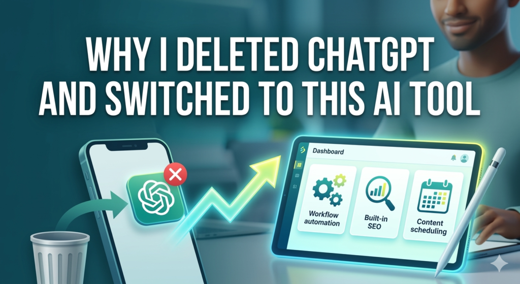 A decorative header banner featuring bold white text reading 'WHY I DELETED CHATGPT AND SWITCHED TO THIS AI TOOL'. A graphic illustration shows a ChatGPT app icon being deleted from a smartphone screen, with a glowing arrow pointing toward a new, brightly lit dashboard interface displaying workflow automation and SEO icons.