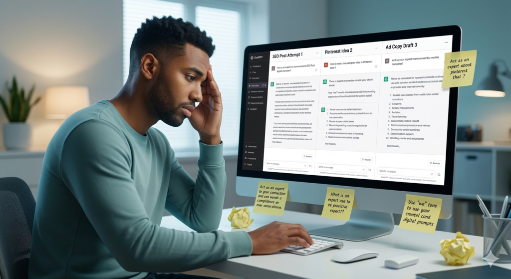A slightly stressed freelance digital marketer in a modern home office, slumped in front of a monitor displaying multiple separate, exhausting prompt Engineering requests and disconnected chat threads, illustrating limited workflow automation and fragmented tasks within a chat interface.