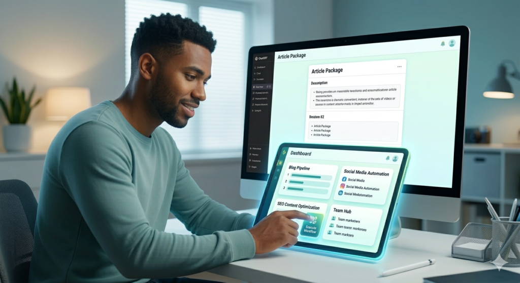 A close-up of a freelance digital marketer interacting with a streamlined, unified AI dashboard on a high-definition tablet. The clean interface features integrated panels for blog creation, social media scheduling, SEO optimization, and team collaboration, all activated with a single click.