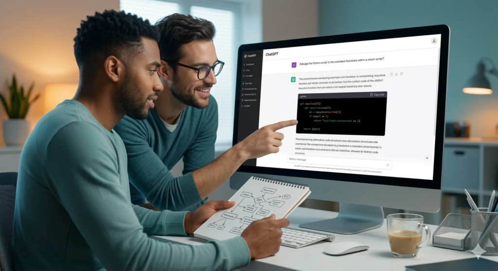 A slightly warmer, collaborative home office scene where two users, a marketer and a programmer, are intensely focused on a monitor displaying a detailed ChatGPT conversation for code debugging, conceptual brainstorming with sketches, and deep explanation of programming recursive functions, highlighting creative research over task execution.