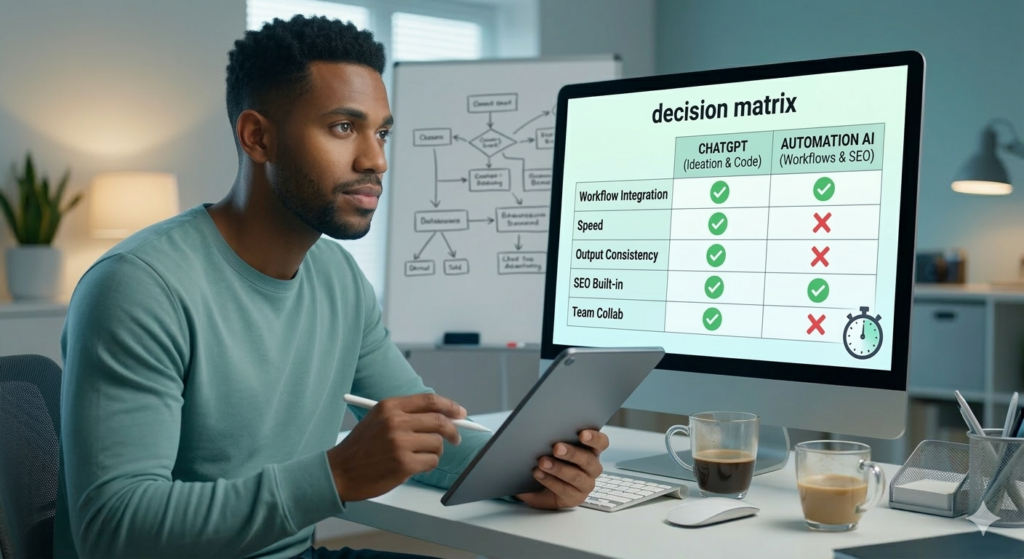 A close-up of a thoughtful freelance digital marketer in a modern home office, looking at a simplified decision matrix displayed on a tablet. The matrix compares 'ChatGPT (Ideation)' and 'Workflow AI (Automation)' across criteria such as 'SEO Integration', 'Speed', 'Team Collab', and 'Workflow Complexity', symbolizing rational assessment before switching tools.