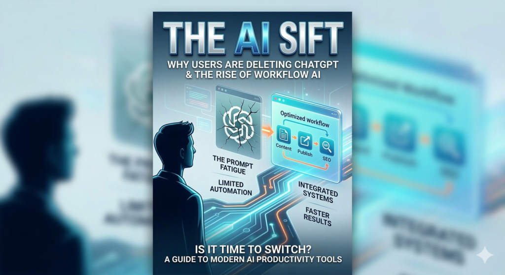 conceptual cover image illustrating the transition from a traditional chat AI, symbolized by a green icon, to a modern, integrated AI workflow platform shown as connected productivity modules.