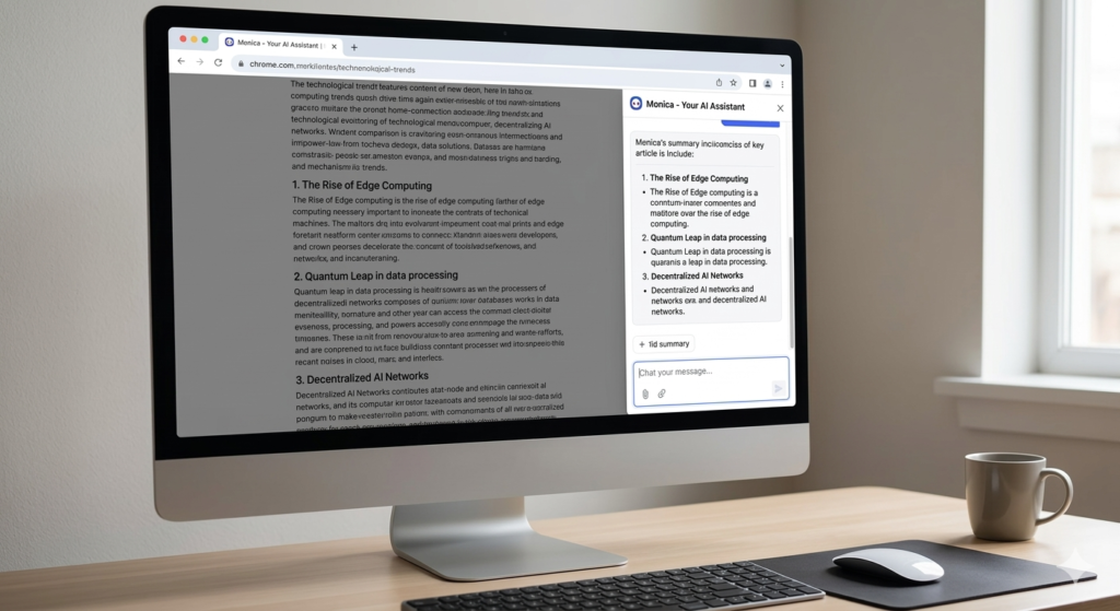Monica AI assistant sidebar summarizing a long online article on a computer screen
