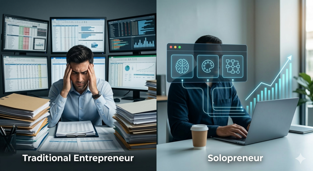 Traditional entrepreneur overwhelmed versus modern AI-driven solopreneur visualizing success.