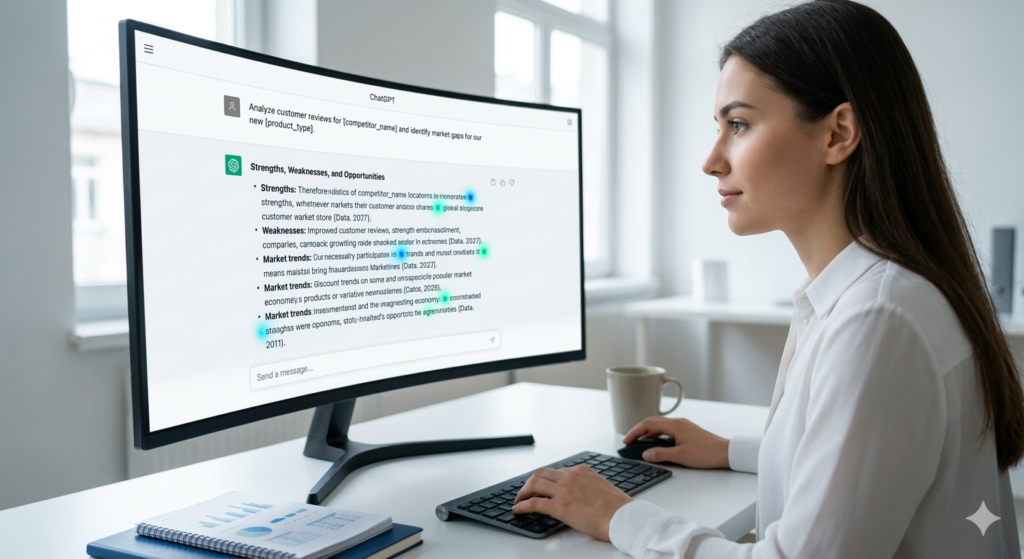 Woman entrepreneur using ChatGPT on a large monitor to analyze competitor reviews for product-market fit.