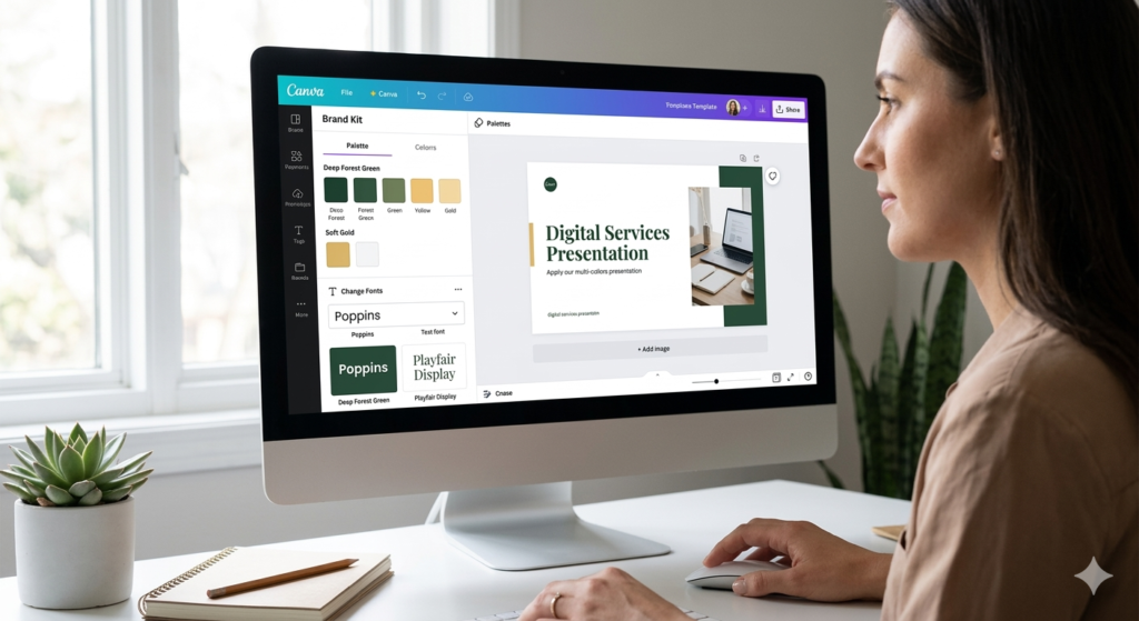 Woman applying the Canva brand kit to instantly customize a multi-slide digital marketing presentation.