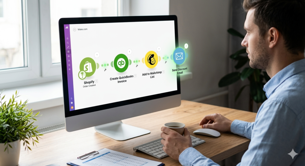 Man entrepreneur using Make.com to visualize and build a complex automated workflow connecting multiple cloud apps.