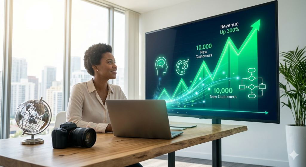 Inspiring woman solopreneur looking at a glowing business growth chart that integrates the three AI tool icons, with a global city skyline background.