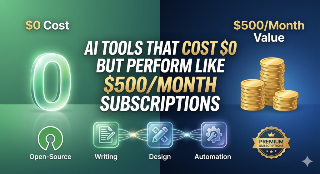 Split-screen digital cover contrast of '$0 Cost' and '$500/Month Value' with a main title reading 'AI TOOLS THAT COST $0 BUT PERFORM LIKE $500/MONTH SUBSCRIPTIONS