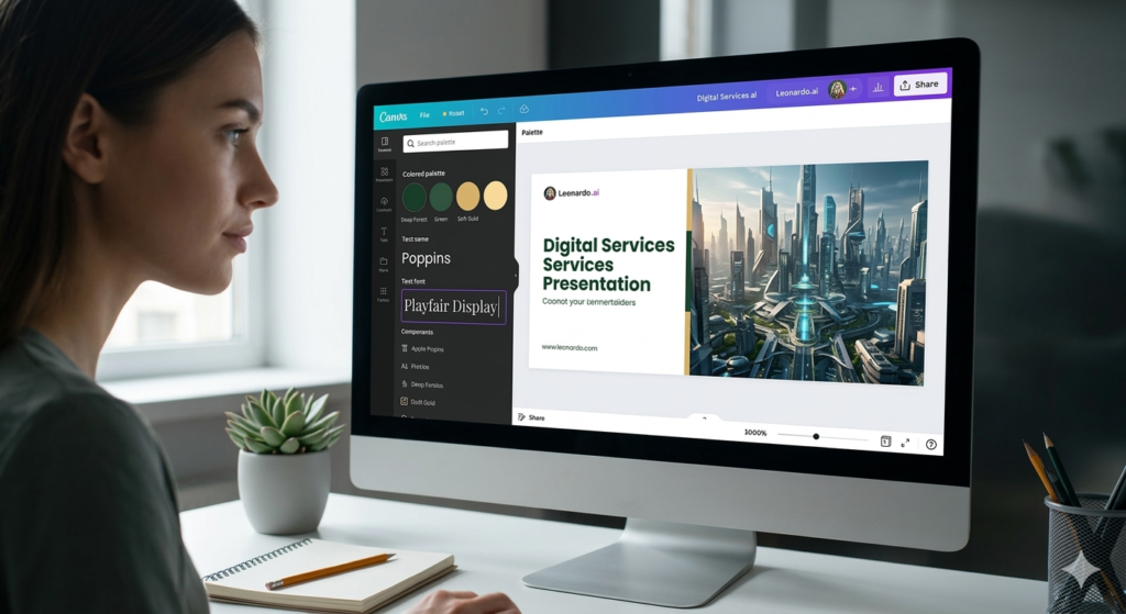 Woman designer concentrating on a monitor displaying the Leonardo.ai interface, generating a high-quality futuristic cityscape.