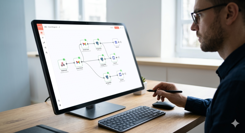 A man with glasses using the n8n interface on a tablet monitor, showing a complex node-based flow diagram with multiple connecting apps.