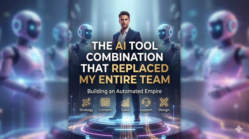 Confident entrepreneur standing on a glowing platform with the dynamic title text 'THE AI TOOL COMBINATION THAT REPLACED MY ENTIRE TEAM' surrounded by robotic avatars in the background.
