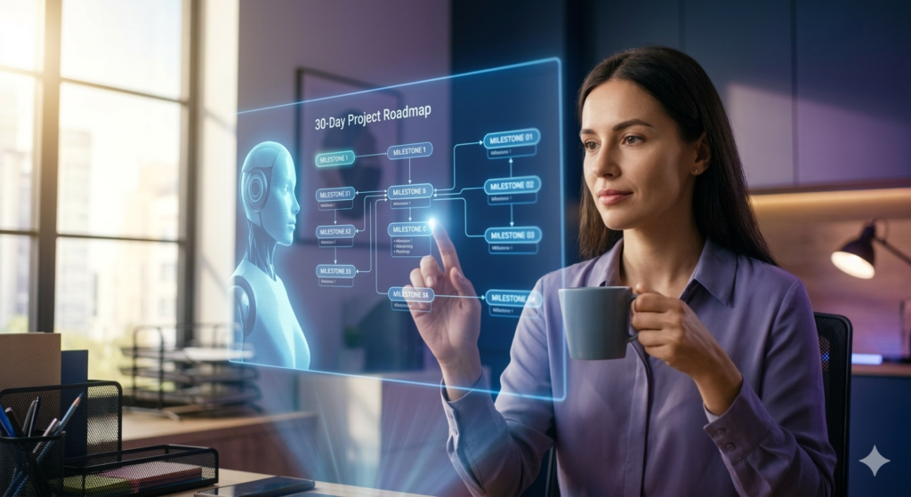 Woman entrepreneur interacting with a holographic blue-tinted avatar representing Claude AI displaying a dynamic strategic project roadmap.