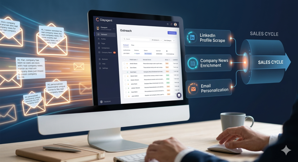 A sleek tablet monitor displaying a Clayagent outreach dashboard showing personalized emails based on automated lead research populating a sales cycle pipeline.