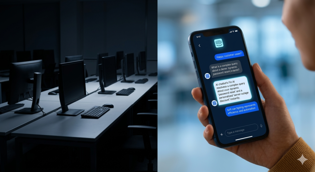 Split view showing an empty, dark traditional offshore support call center contrasted with a customer using a modern Intercom Fin AI chatbot resolving a dynamic query instantly on a mobile phone.