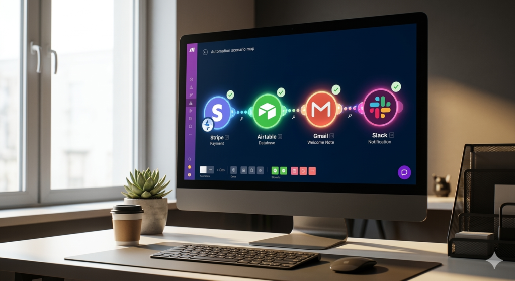 Modern monitor displaying a visual Make.com automation scenario map connecting stylized icons of Stripe, Airtable, Gmail, and Slack with pulsing data lines.