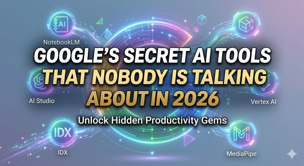 Modern digital cover contrasting a futuristic glowing Google "G" logo composed of data streams with dynamic white and gold text reading 'GOOGLE'S SECRET AI TOOLS THAT NOBODY IS TALKING ABOUT IN 2026' and subtitle 'Unlock Hidden Productivity Gems'.