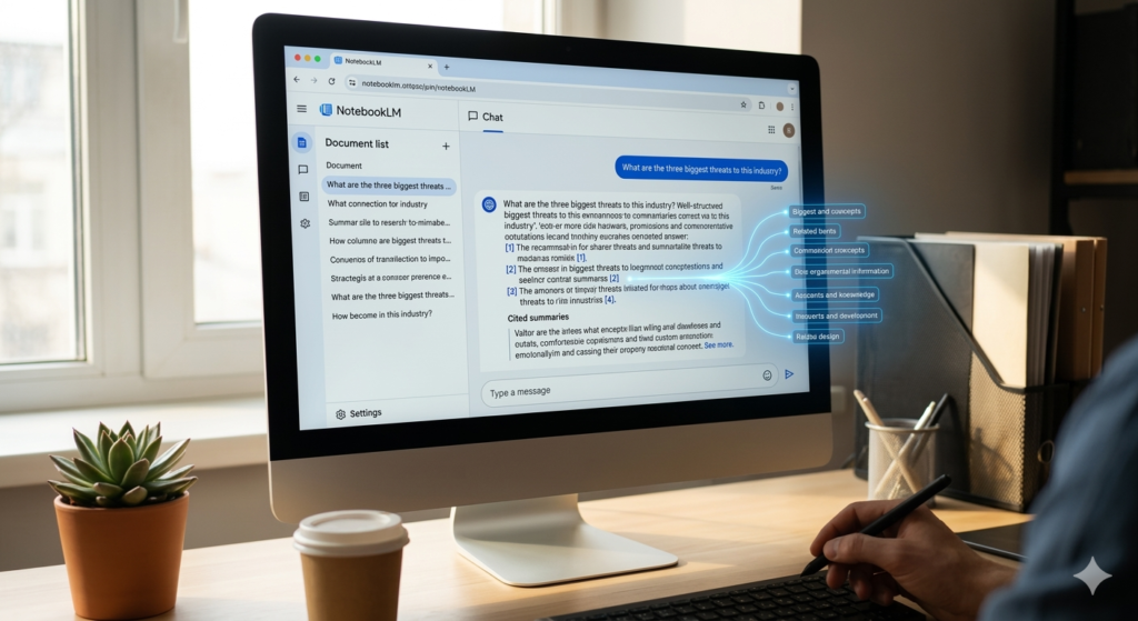 A close-up of a desktop monitor showing a web browser with the 'NotebookLM' interface, a prompt reading 'What are the three biggest threats to this industry?' and cited summaries below.