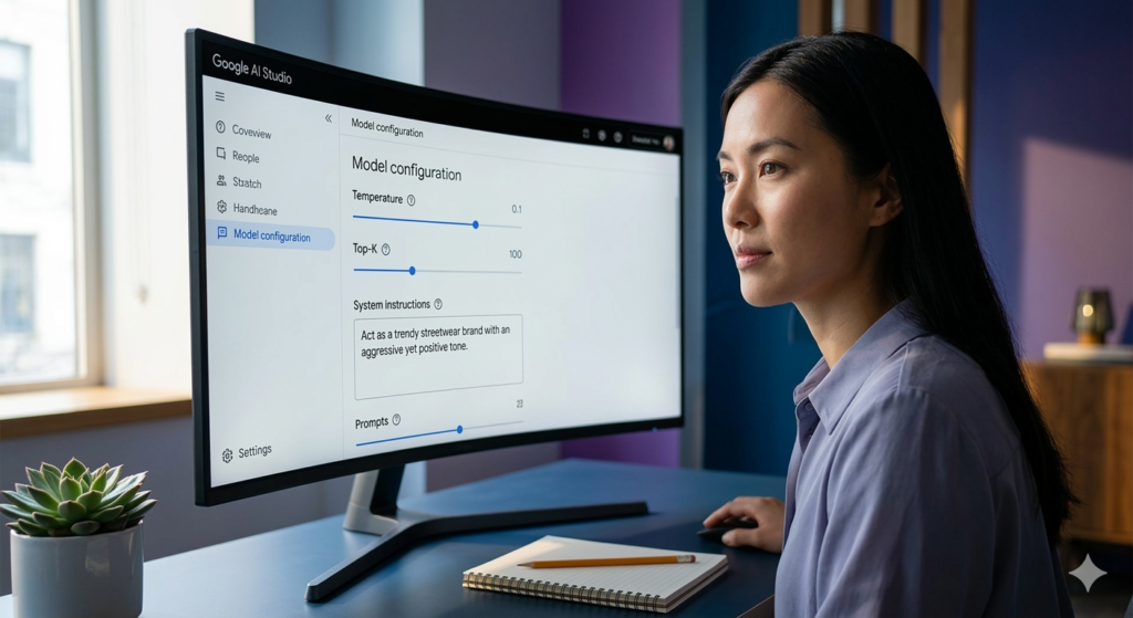 A focused designer using Google AI Studio on a large desk monitor, showing detailed model configuration panels with sliders for temperature and top-k, with a prompt reading 'Act as a trendy streetwear brand with an aggressive yet positive tone.'