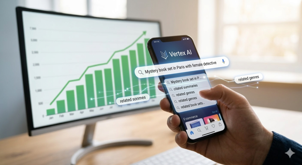 A customer's hand holding a smartphone, interacting with a visually rich e-commerce app search bar that displays the Vertex AI logo and query: 'Mystery book set in Paris with female detective' with cited summaries below.
