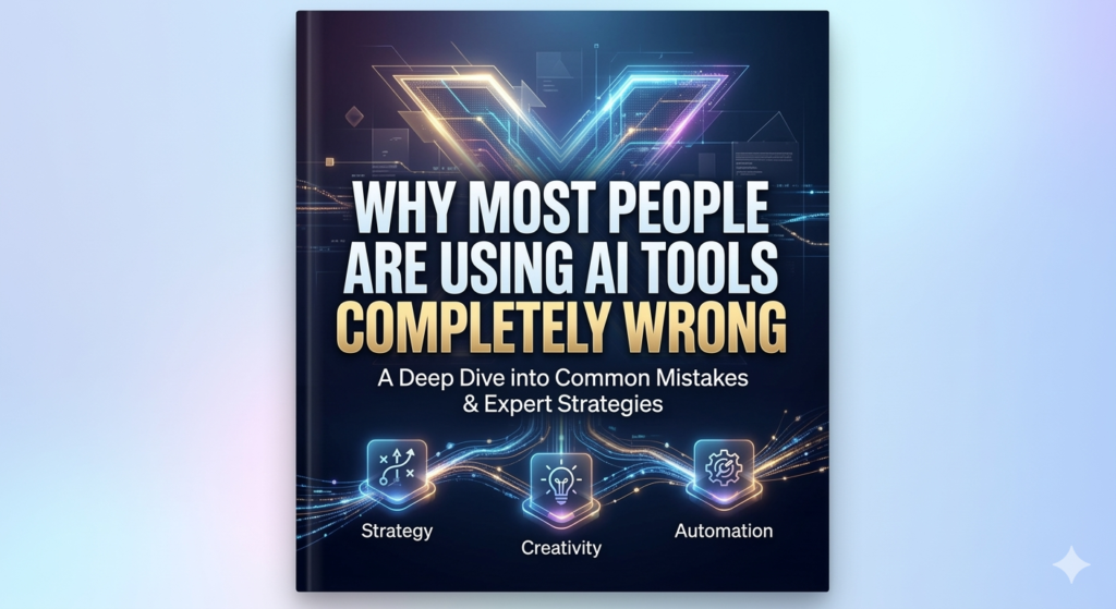 Dynamic high-tech split-screen cover contrasting a simplistic 'X' failure icon with integrated data streams and large white and gold text reading 'WHY MOST PEOPLE ARE USING AI TOOLS COMPLETELY WRONG'.