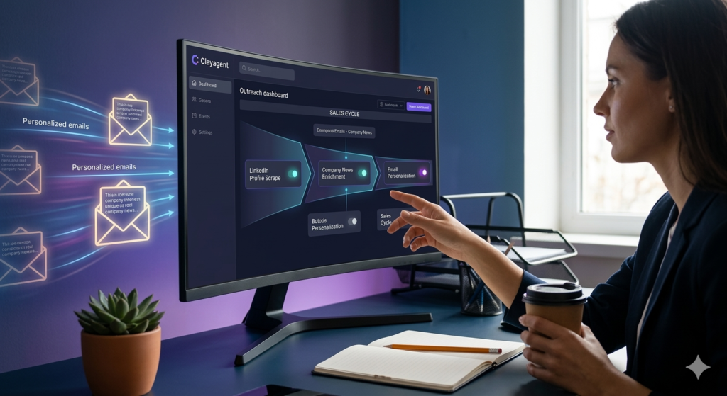 A modern desktop monitor displaying a complex Clayagent outreach dashboard where a user, holding a coffee cup, gestures toward an active data flowMap, contrasting with an old-school rolodex in the softly blurred background.