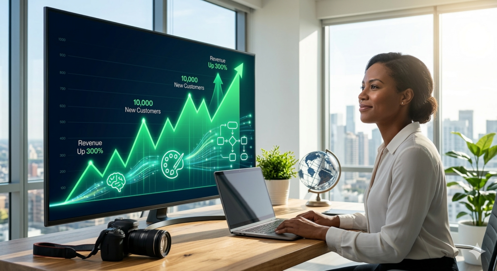 A vibrant, high-tech office where a woman entrepreneur looks confidently at a large screen displaying an ascending business growth chart, which integrates glowing icons of a chat brain, a design palette, and a workflow diagram.