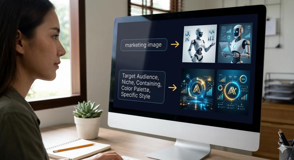 Focused woman designer using Midjourney on a large desk monitor, illustrating a dynamic comparison: a short prompt 'marketing image' produces generic robotic graphics, while a long, detailed prompt produces stunning brand visuals.