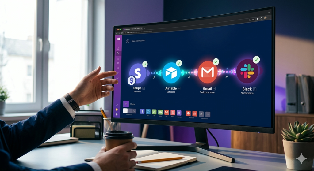 A modern monitor displaying a visual Make.com automation map where a Stripe payment triggers an Airtable database update, a Gmail welcome note, and a Slack notification, all connected by pulsing data lines and green checkmarks.