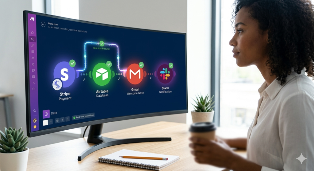 Focused AI Architect woman standing in a sleek office, gesturing toward a large curved monitor displaying a successful visual Make.com automation map where a Stripe payment triggers an Airtable, Gmail, and Slack workflow.