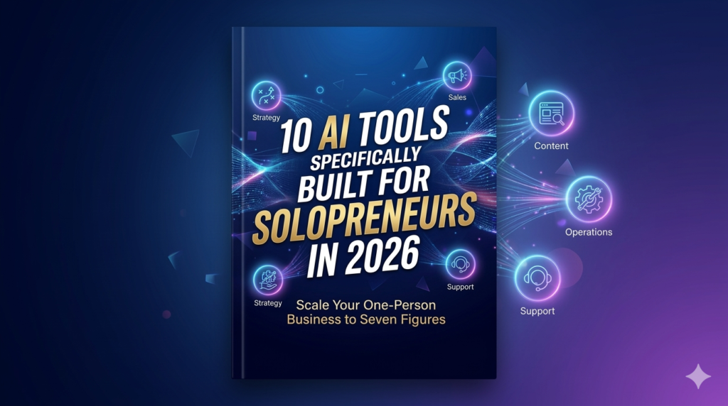 Modern digital cover contrasting a deep blue and purple glowing data stream background with dynamic white and gold title text '10 AI TOOLS SPECIFICALLY BUILT FOR SOLOPRENEURS IN 2026' and subtitle 'Scale Your One-Person Business to Seven Figures' surrounded by functional icons.