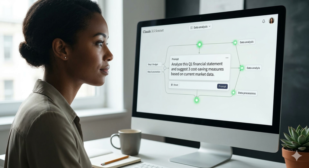 Focused solopreneur woman using Claude 3.5 Sonnet on a large desk monitor showing a complex multi-step data analysis flowMap for financial strategy, with an empty call center in the softly blurred background.