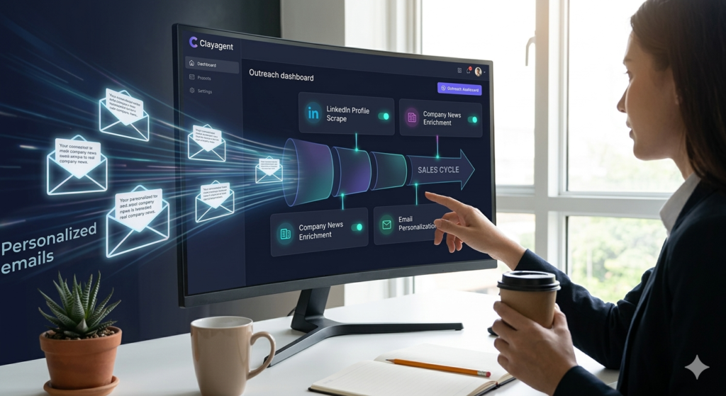 A modern monitor displaying a detailed Clay sales automation dashboard with a hand holding a coffee cup gesturing at a pipeline labeled 'SALES CYCLE' with glowing envelopes symbolizing personalized outreach.