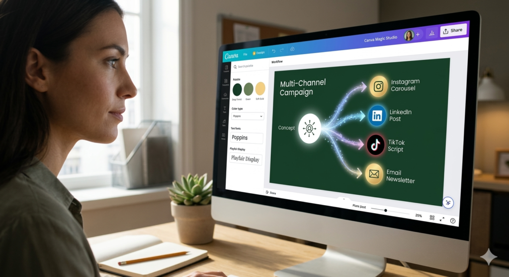Focused woman designer using Canva Magic Studio on a large desk monitor illustrating a single concept branching into multiple glowing icons representing multi-channel content assets