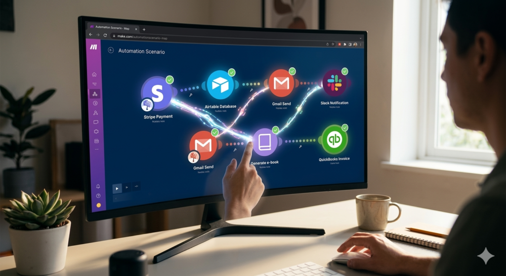 Focused user gestures toward a complex glowing Make.com visual automation map labeled 'Automation Scenario' with pulsing data lines connecting Stripe, Airtable, Gmail, andSlack, with a high-tech office softly blurred background.