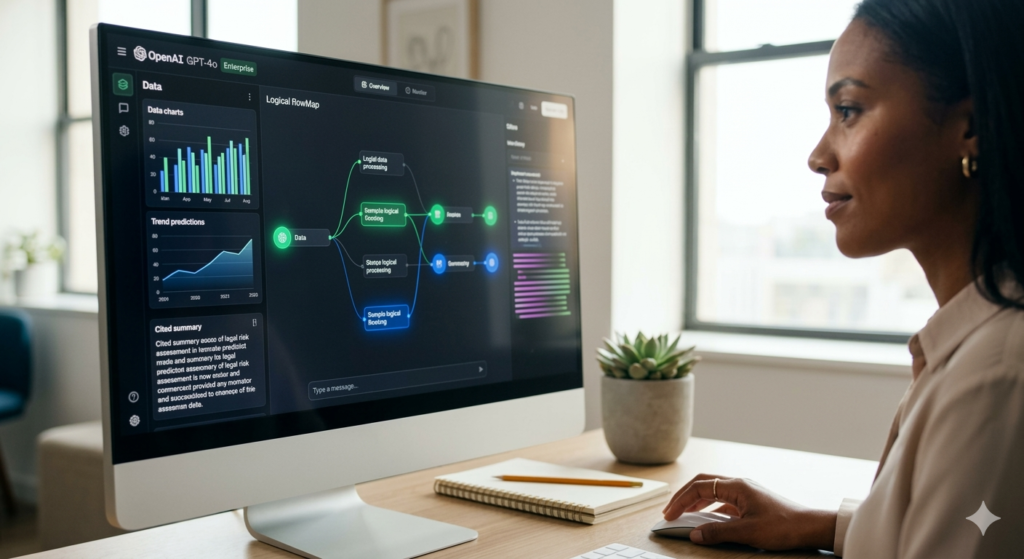 altext: A close-up of a CEO's monitor showing a multi-step logical data flowMap on the OpenAI GPT-4o Enterprise interface, with a hand holding a mouse and focused gaze, analyzing data trends and legal risk assessment.